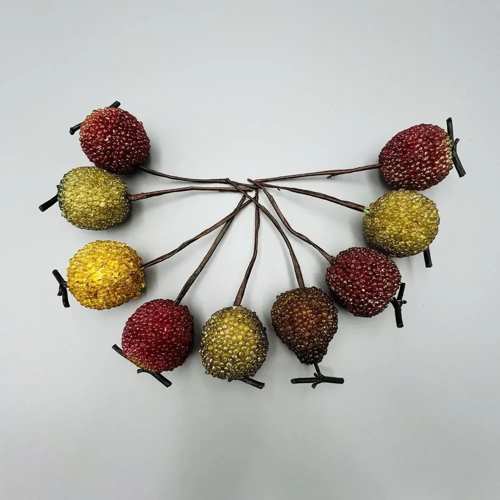 9 Vtg Glass Sugared Beaded Fruit Floral Picks Xmas Ornaments Apples Pear Jeweled